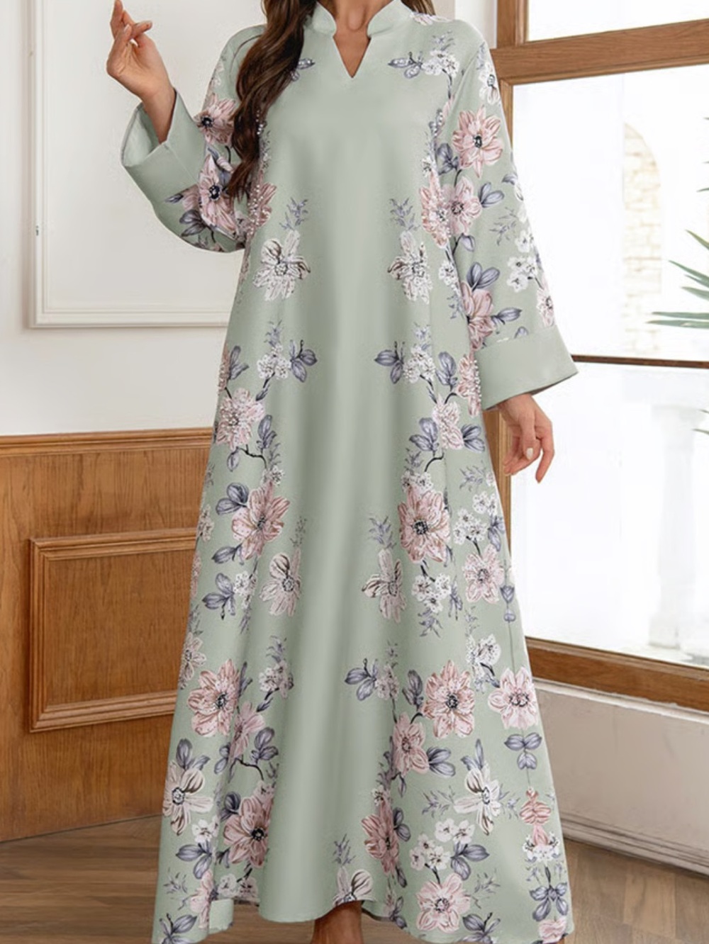 Floral Print Embellished Jabalya - Sage Green